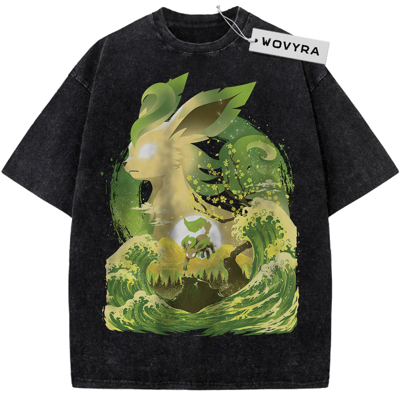 Pokemon Leafeon Green Wave Vintage T-Shirt with a green leaf-eared silhouette above a curling wave landscape