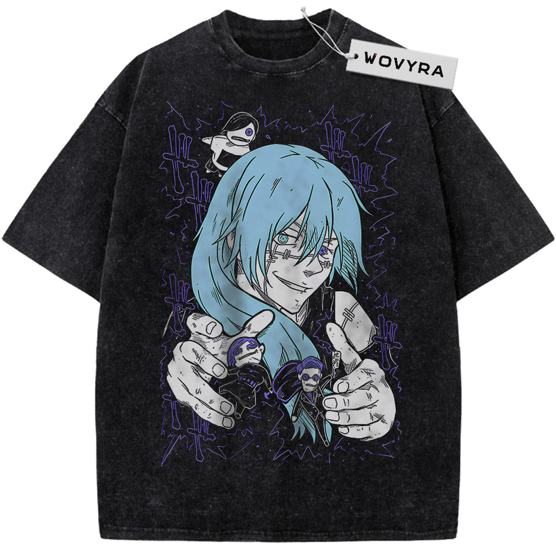 Vintage T-shirt featuring Mahito with pale blue hair holding small figures in a purple-accented portrait