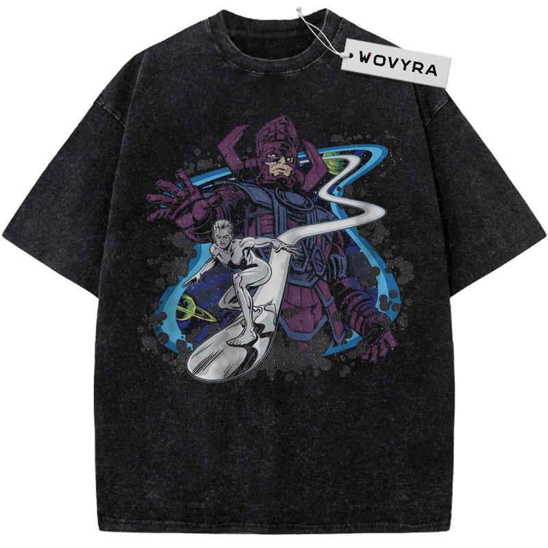 Vintage T-shirt featuring Silver Surfer in front of Galactus with blue and purple cosmic accents