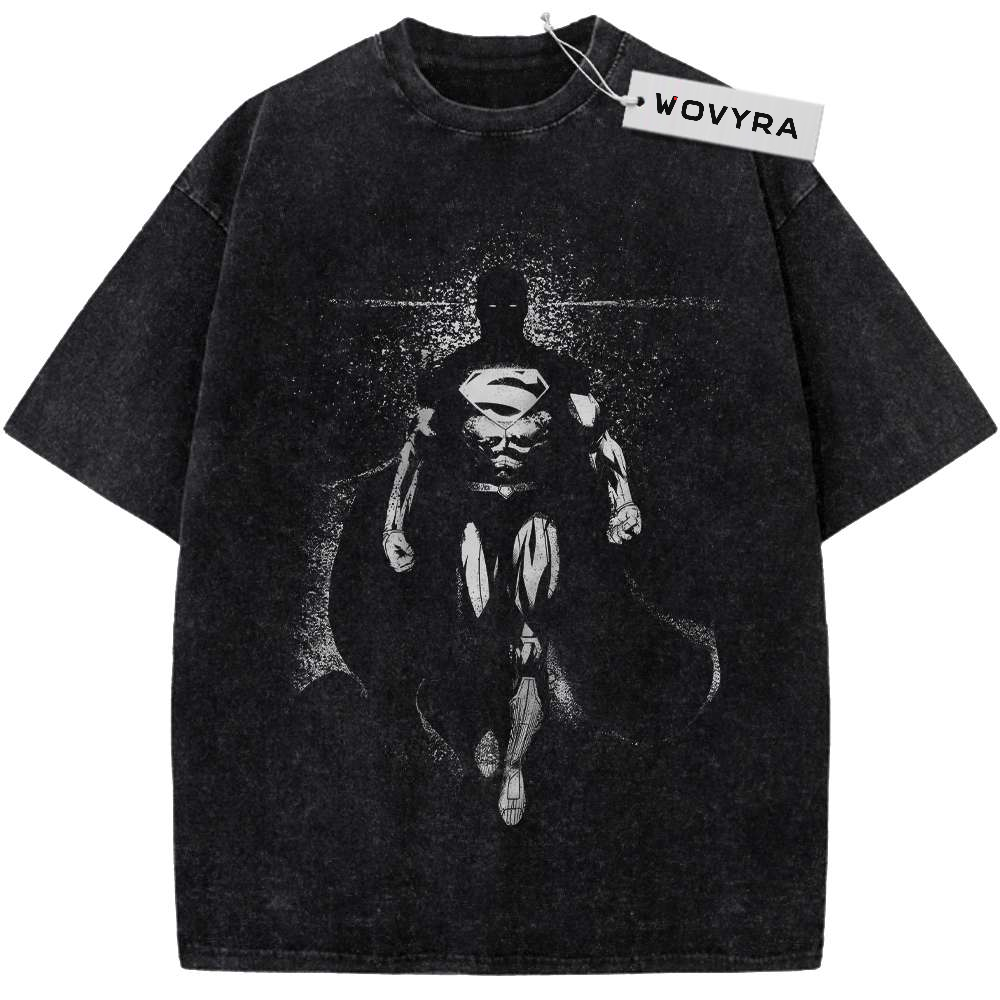 Vintage T-shirt featuring a monochrome Superman figure with a flowing cape