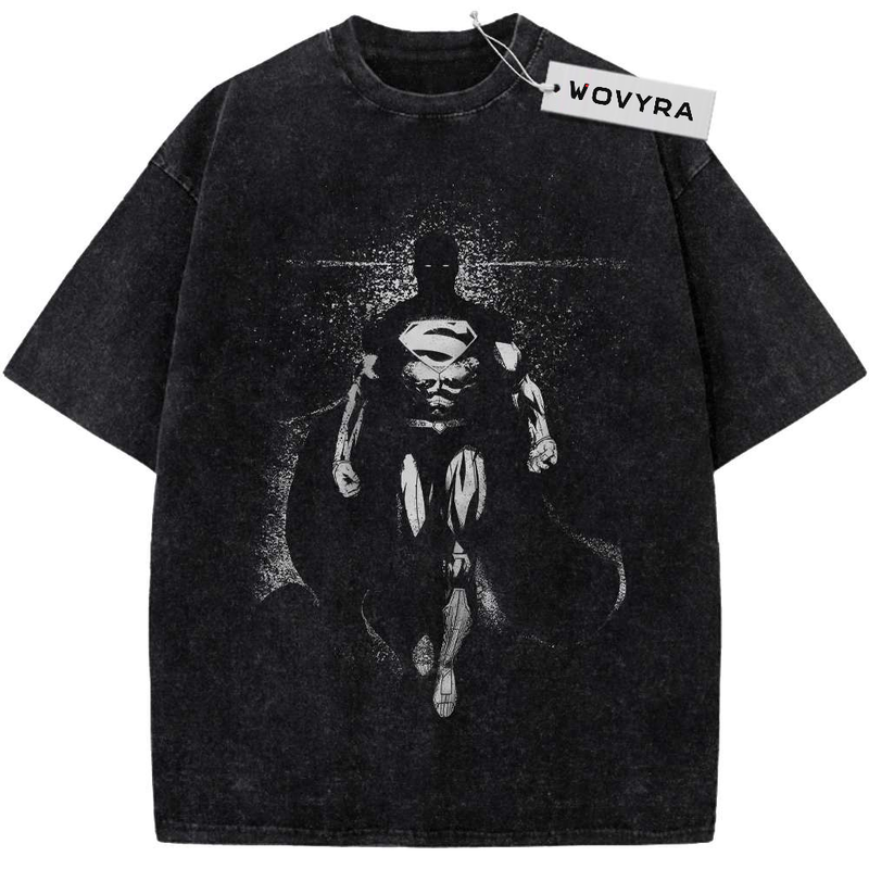 Vintage T-shirt featuring a monochrome Superman figure with a flowing cape