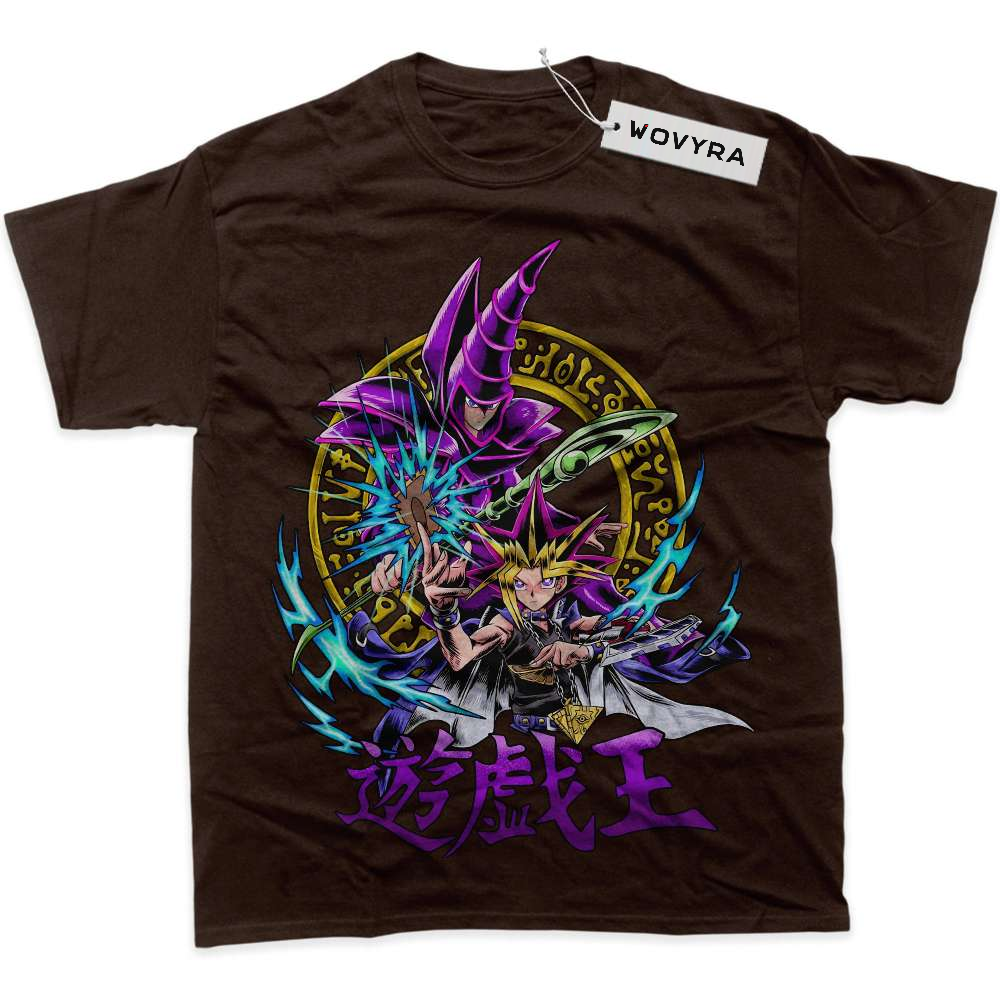 Brown WOVYRA Dark Magician and Yugi classic T-shirt with a purple magician and colorful circular sigil