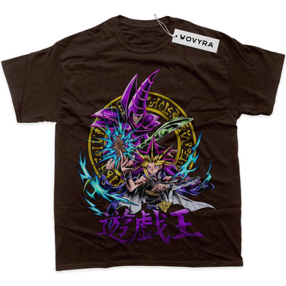 Brown WOVYRA Dark Magician and Yugi classic T-shirt with a purple magician and colorful circular sigil