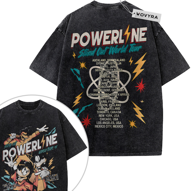 Goofy & Max Goof Powerline Tour 2-Sided Vintage T-Shirt with Powerline tour lettering, stars and cartoon character artwork