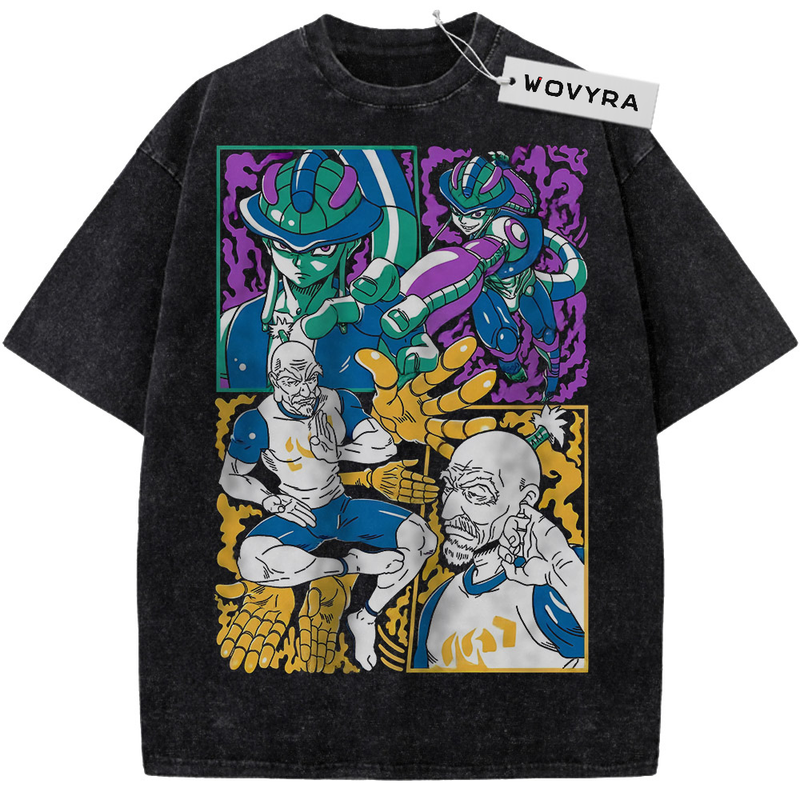 Vintage T-shirt featuring Meruem and Isaac Netero illustrated in four colorful panels
