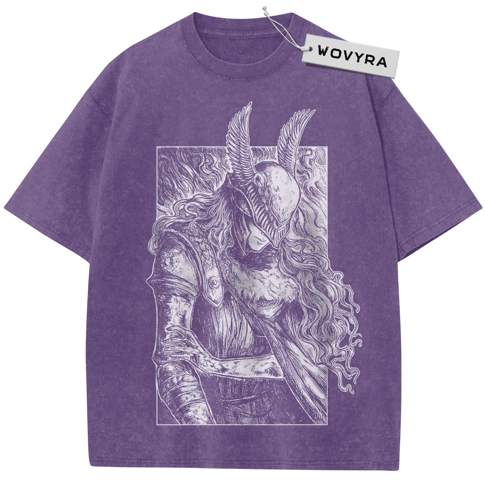 Purple Malenia T-shirt with a framed white winged-helmet portrait