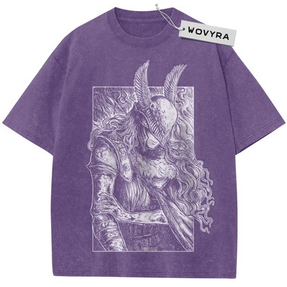 Purple Malenia T-shirt with a framed white winged-helmet portrait