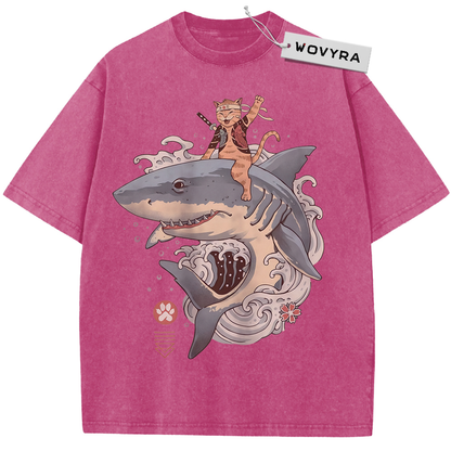 Pink Samurai Cat Shark T-shirt with a cat riding a shark through curling waves