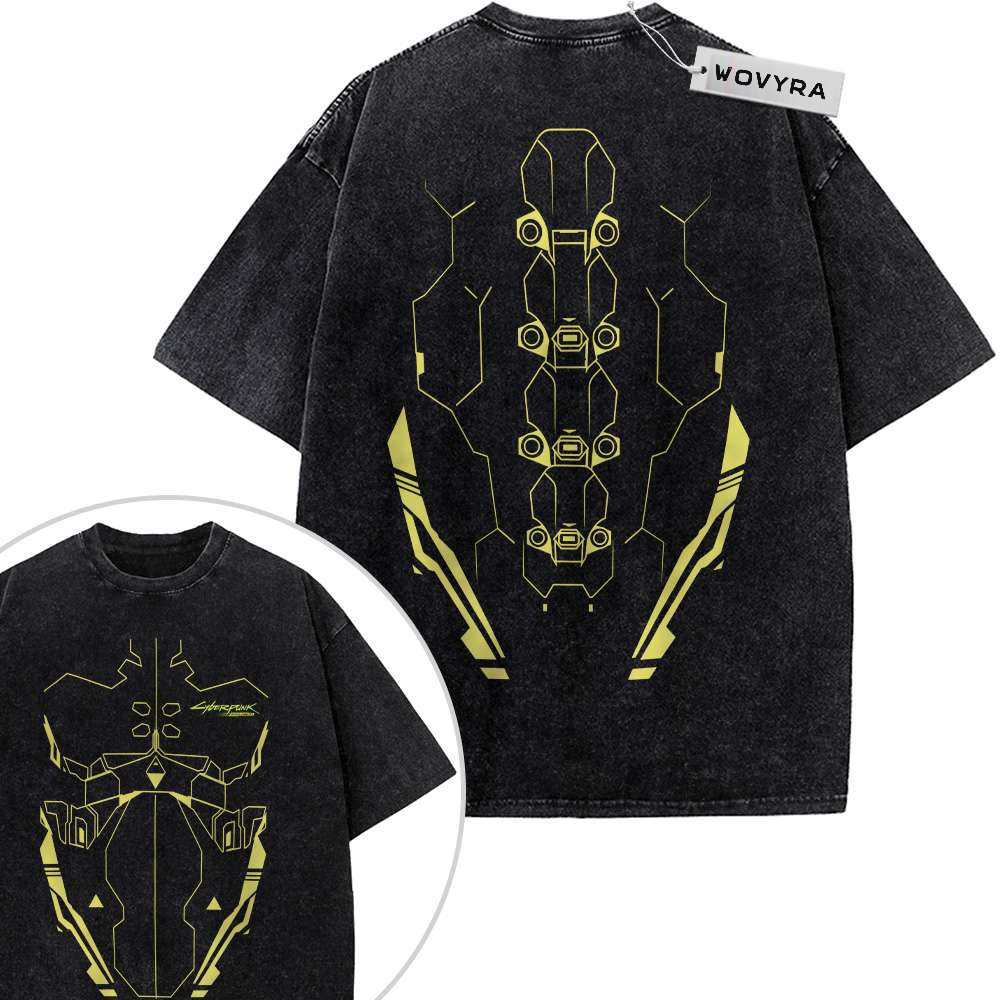 2-sided vintage T-shirt featuring a yellow technical spine-like graphic on a dark background