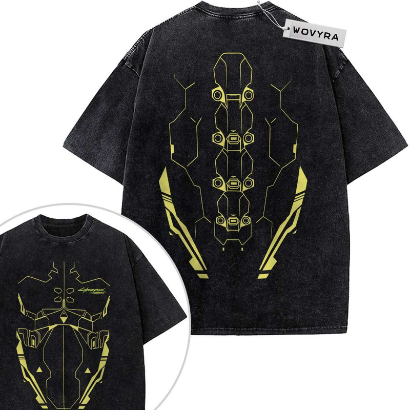 2-sided vintage T-shirt featuring a yellow technical spine-like graphic on a dark background