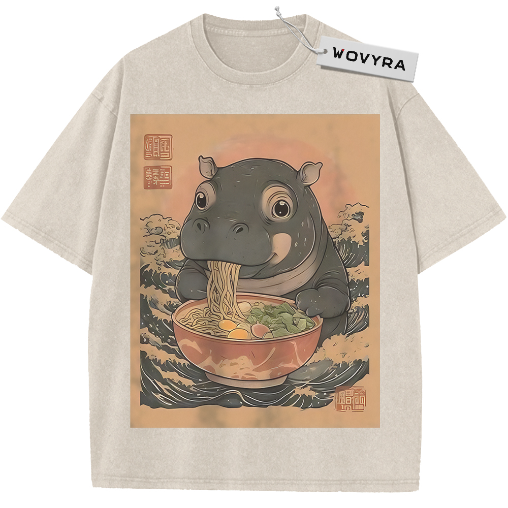 Ramen Hippo Noodle Bowl Vintage T-Shirt with a round-eyed hippo eating noodles inside a warm-toned frame