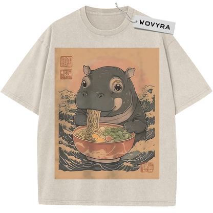 Ramen Hippo Noodle Bowl Vintage T-Shirt with a round-eyed hippo eating noodles inside a warm-toned frame