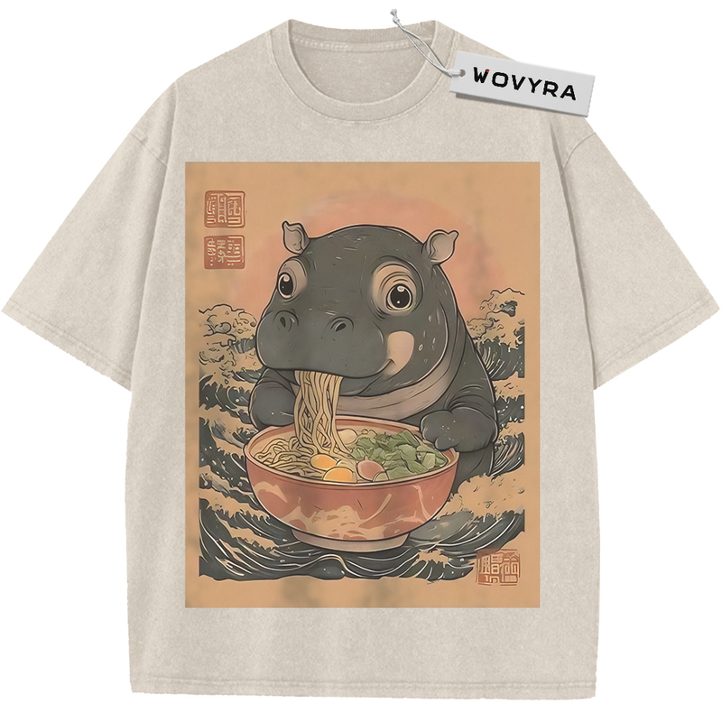 Ramen Hippo Noodle Bowl Vintage T-Shirt with a round-eyed hippo eating noodles inside a warm-toned frame