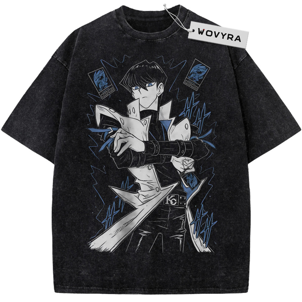 Seto Kaiba Blue Cards Vintage T-Shirt with a monochrome character portrait framed by blue cards