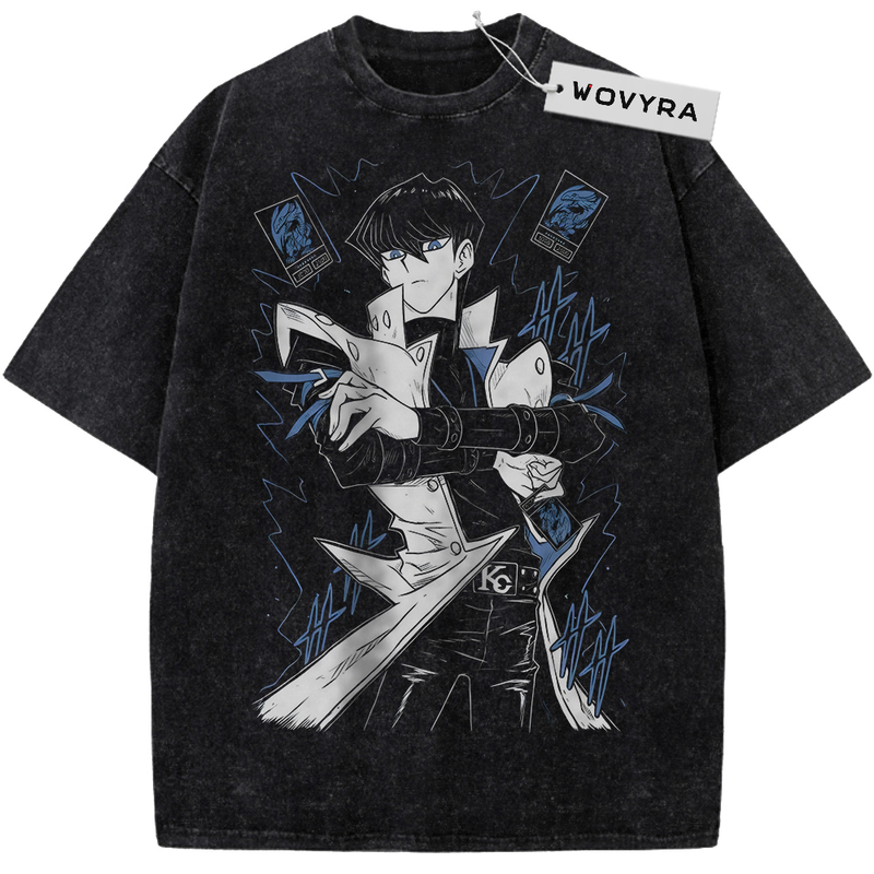 Seto Kaiba Blue Cards Vintage T-Shirt with a monochrome character portrait framed by blue cards