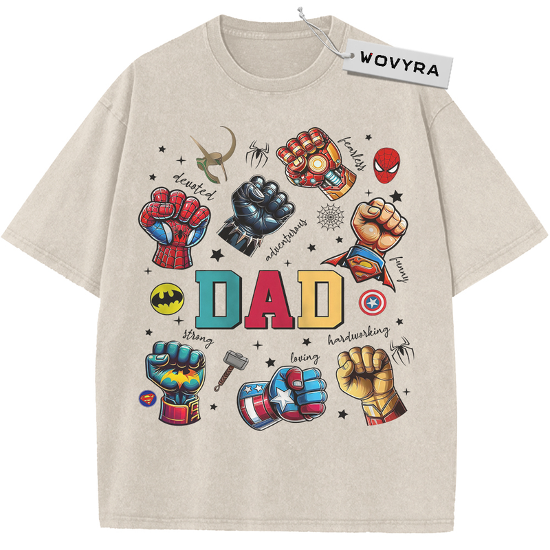 Vintage T-shirt featuring colorful superhero glove fist bumps arranged around bold DAD lettering