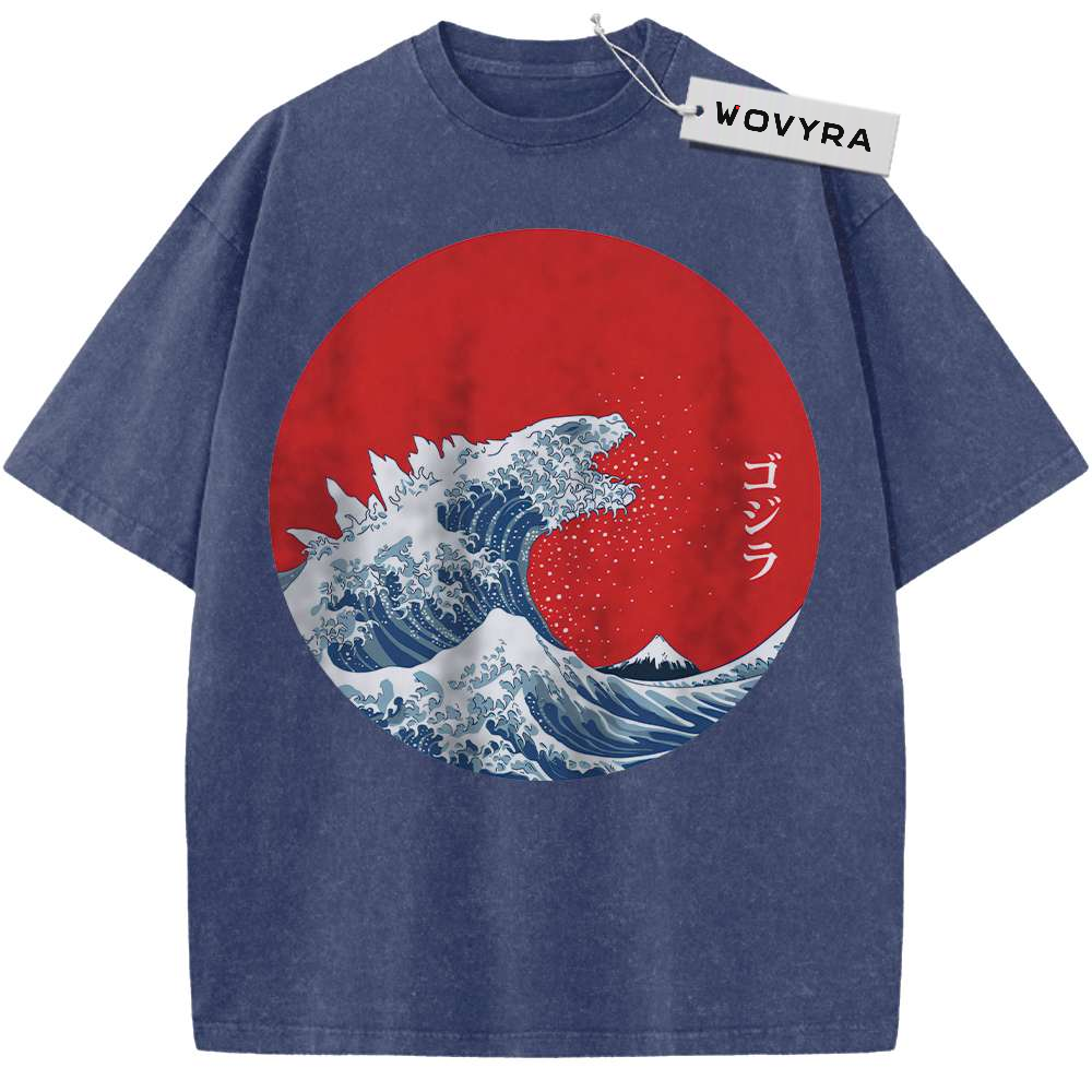 Blue kaiju T-shirt with a monster-shaped blue wave and red sun graphic