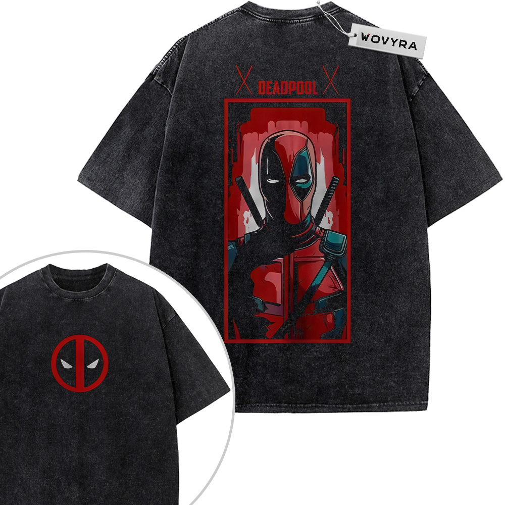 2-sided vintage T-shirt featuring a Deadpool portrait inside a tall red rectangular frame