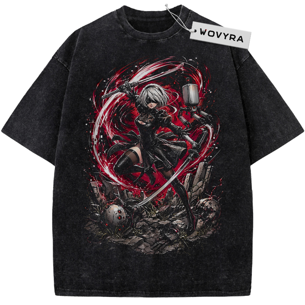 Black WOVYRA 2B NieR:Automata Red Swirl Vintage Tee