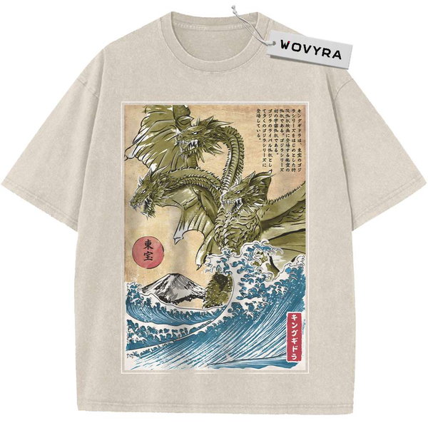 King Ghidorah Great Wave Vintage T-Shirt with a three-headed dragon above blue waves in a framed print