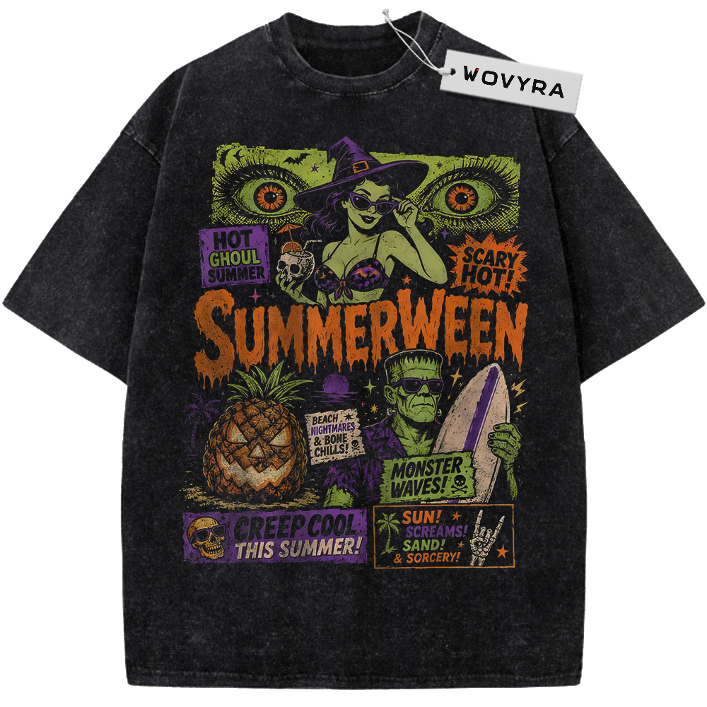 Summerween Frankenstein Monster Poster Vintage T-Shirt with a green monster portrait surrounded by colorful summer-horror lettering