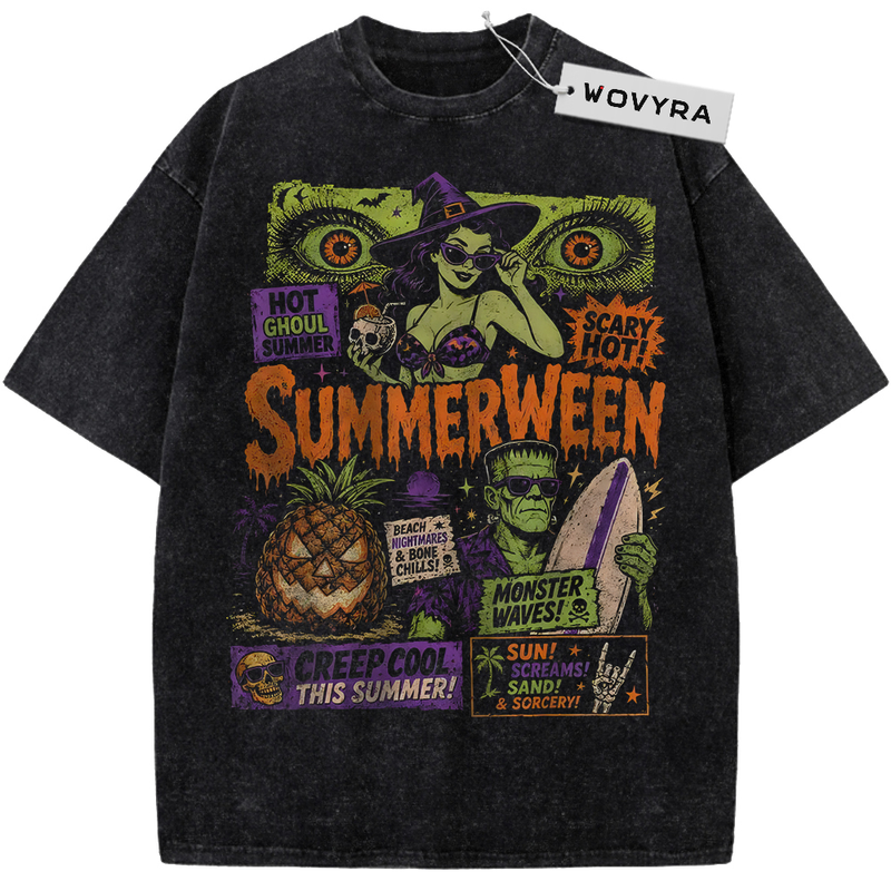 Summerween Frankenstein Monster Poster Vintage T-Shirt with a green monster portrait surrounded by colorful summer-horror lettering