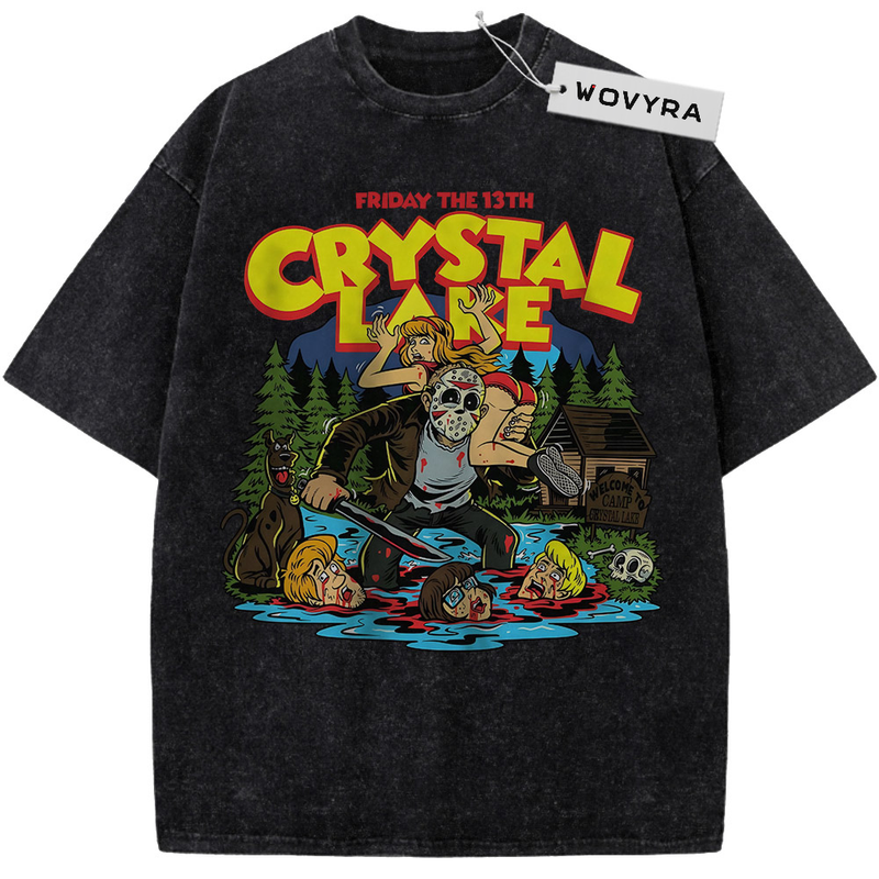 Vintage T-shirt featuring Jason Voorhees in a colorful lakeside cartoon scene with Crystal Lake lettering