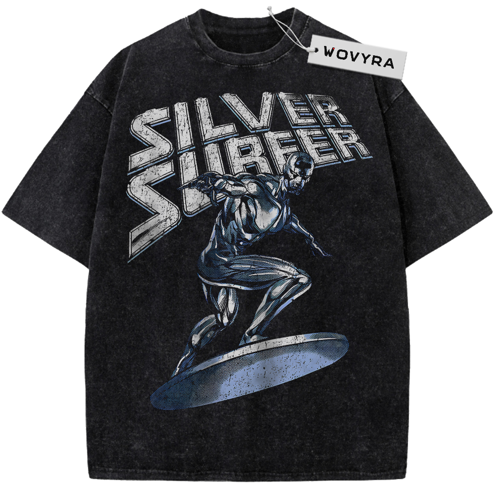 Marvel Silver Surfer Metallic Board Vintage T-Shirt with a silver-toned surfer figure on a board below bold lettering