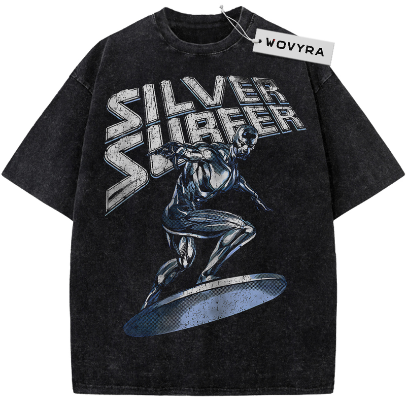 Marvel Silver Surfer Metallic Board Vintage T-Shirt with a silver-toned surfer figure on a board below bold lettering