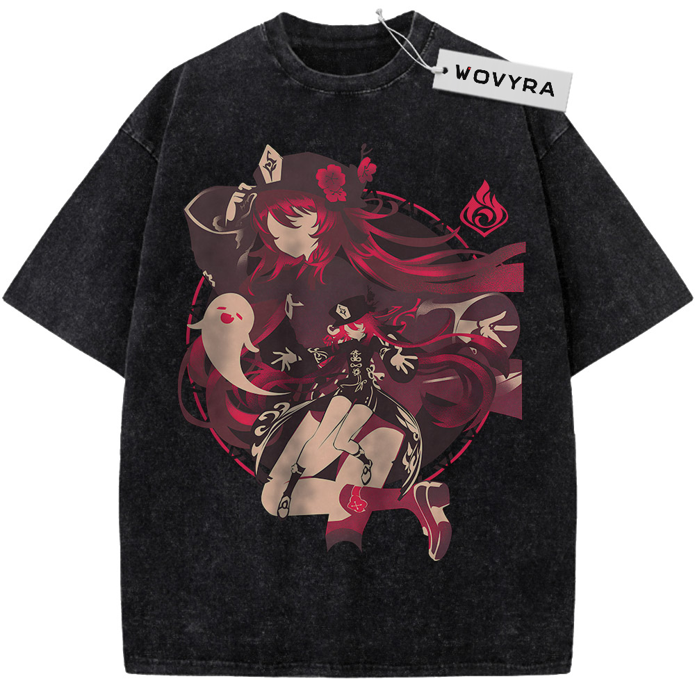 Genshin Impact Hu Tao Ghost Companions Vintage T-Shirt with a red-toned character portrait with floating pale ghost figures