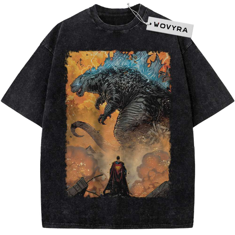 Kaiju Fiery City Encounter Vintage T-Shirt with a giant blue-spined monster looming over a small figure in orange smoke