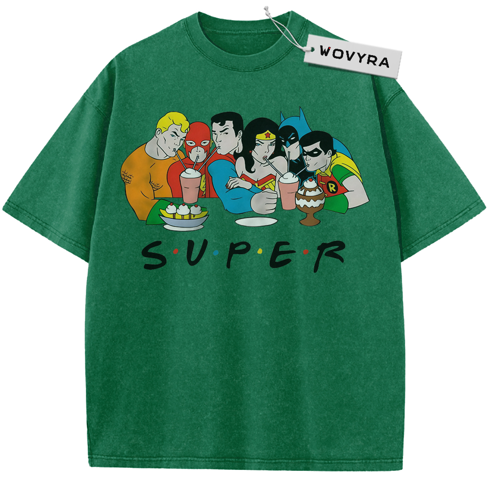 Grass Green vintage T-shirt featuring a Justice League cartoon group with cups and SUPER lettering