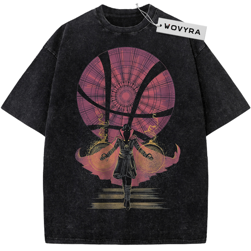 Marvel Doctor Strange Window Silhouette Vintage T-Shirt with a cloaked figure beneath a large circular pink window