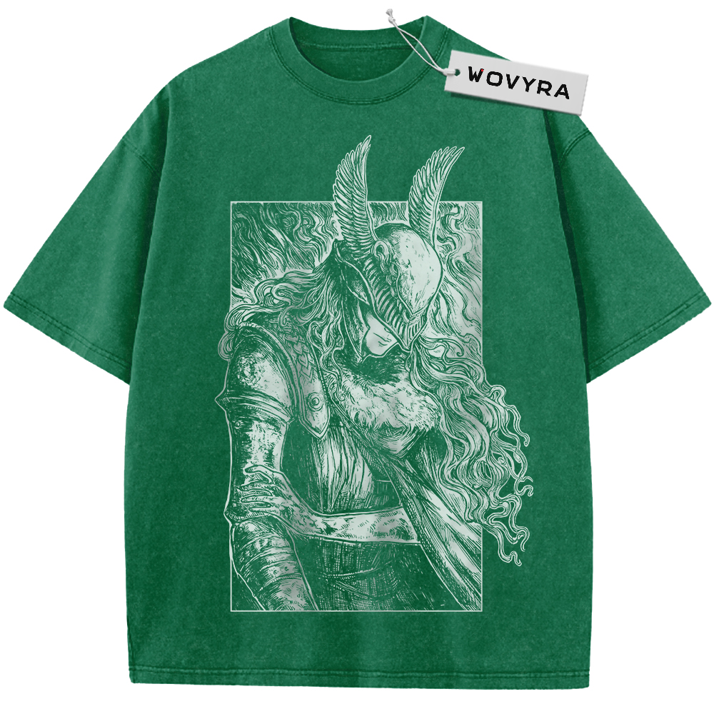 Green Malenia T-shirt with a framed white winged-helmet portrait
