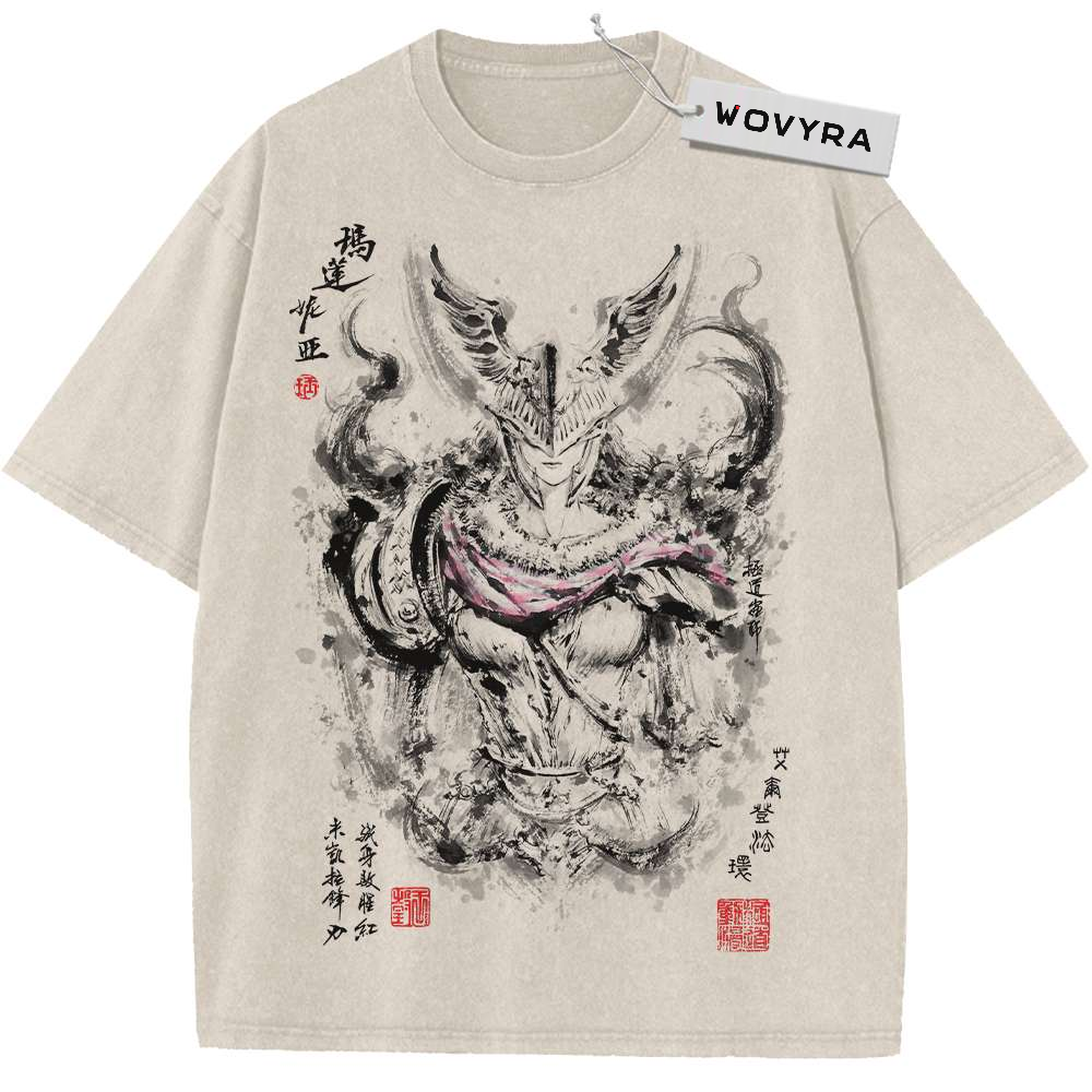 Malenia Helmet Ink Drawing Vintage T-Shirt with a winged helmet in detailed ink lines with purple accents