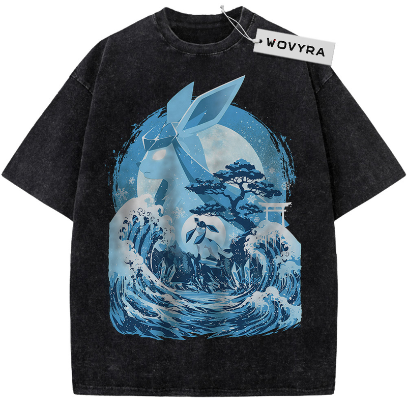 Pokemon Glaceon Blue Wave Vintage T-Shirt with a pale blue silhouette rising above detailed curling waves