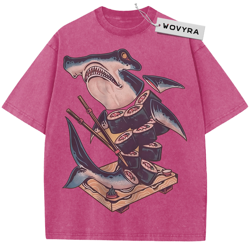 Pink Sushi Shark T-shirt with a cartoon shark holding chopsticks