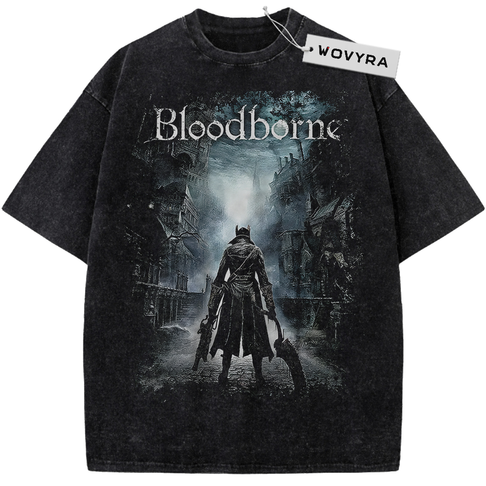 Vintage T-shirt featuring a lone hunter standing in a misty gothic street