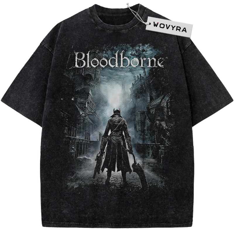 Vintage T-shirt featuring a lone hunter standing in a misty gothic street