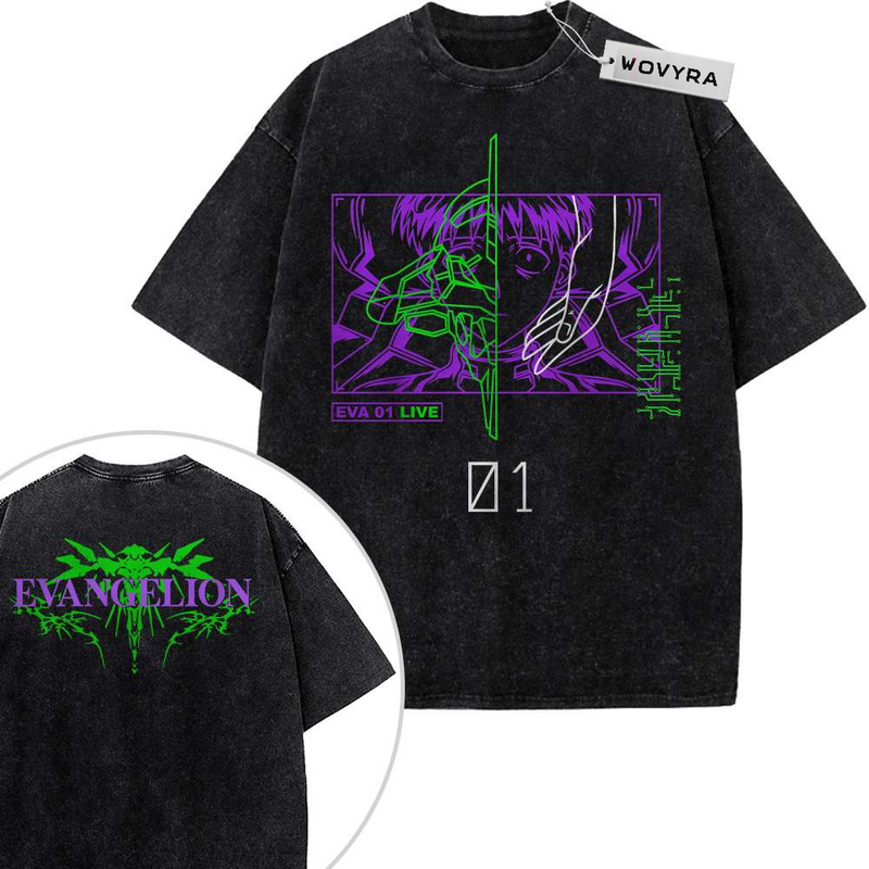 2-sided vintage T-shirt featuring purple and green Unit-01 line art in a rectangular frame above 01 lettering