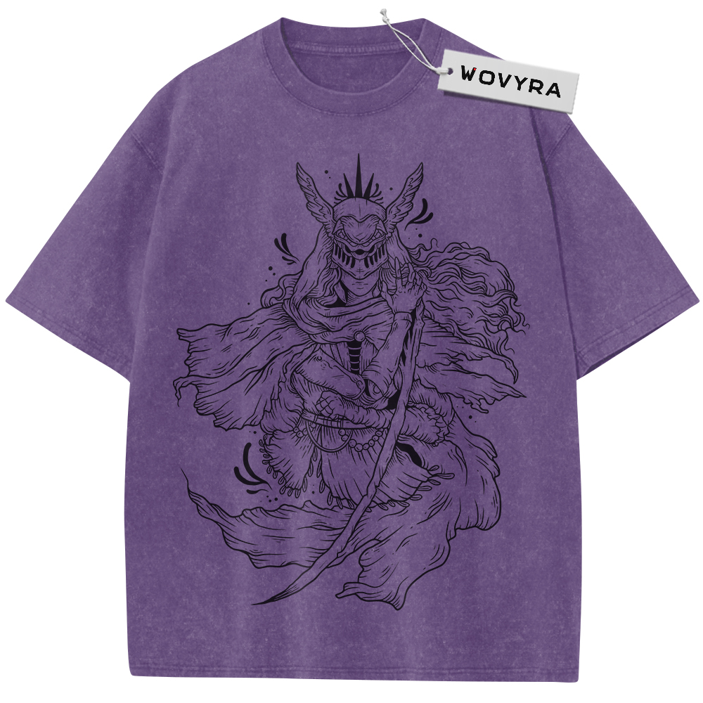 Purple horned warrior T-shirt with black line-art character illustration