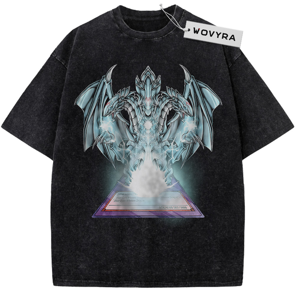 Vintage T-shirt featuring a pale Blue-Eyes White Dragon above a glowing triangular card-like shape