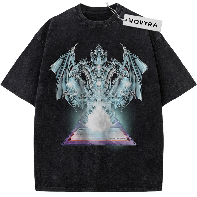Vintage T-shirt featuring a pale Blue-Eyes White Dragon above a glowing triangular card-like shape