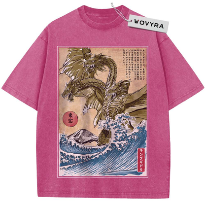 Pink King Ghidorah T-shirt with a framed three-headed dragon and blue wave print