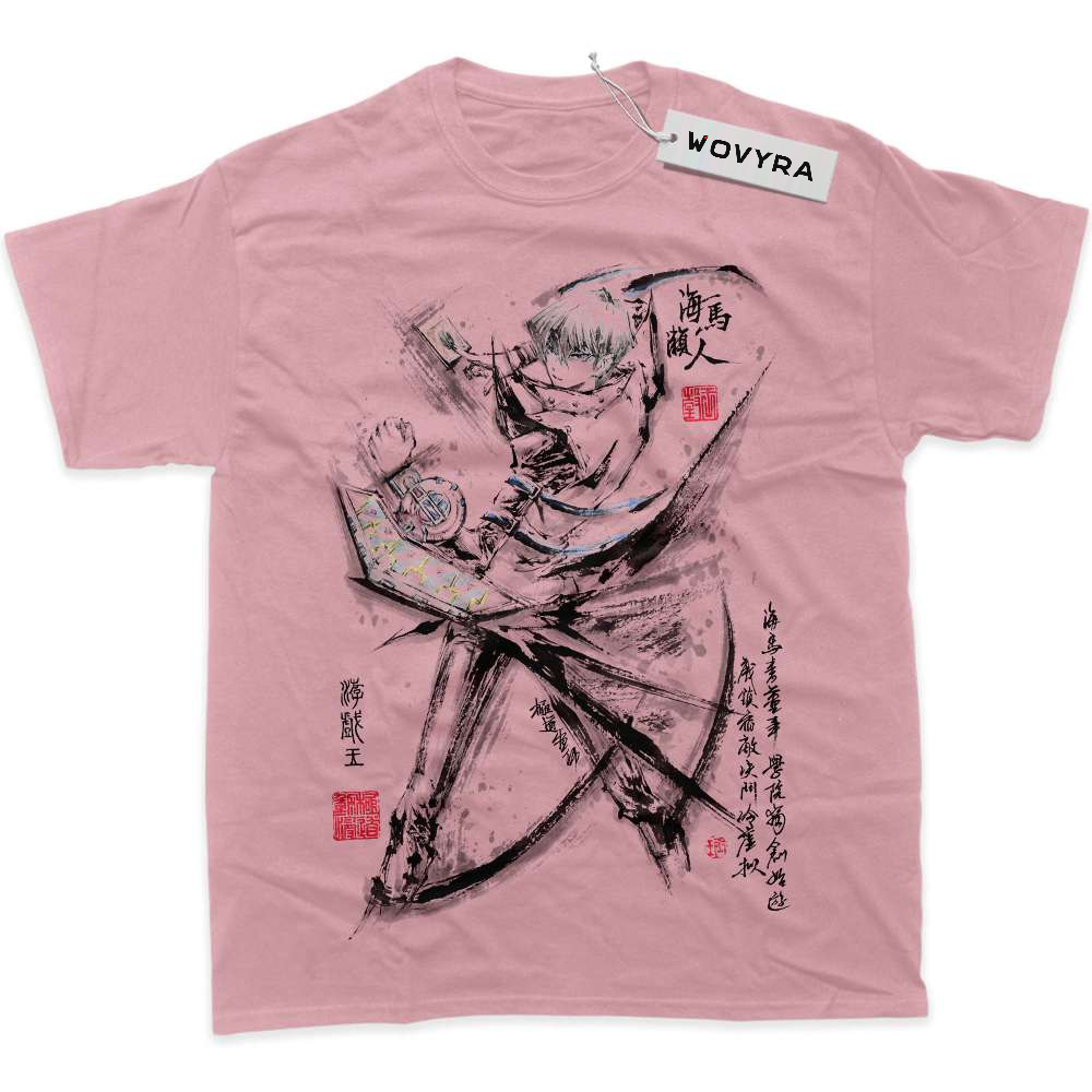 Pink WOVYRA Seto Kaiba classic T-shirt with a black ink-style character portrait and red stamps