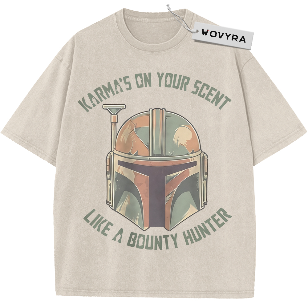 Vintage T-shirt featuring a weathered bounty hunter helmet surrounded by curved lettering