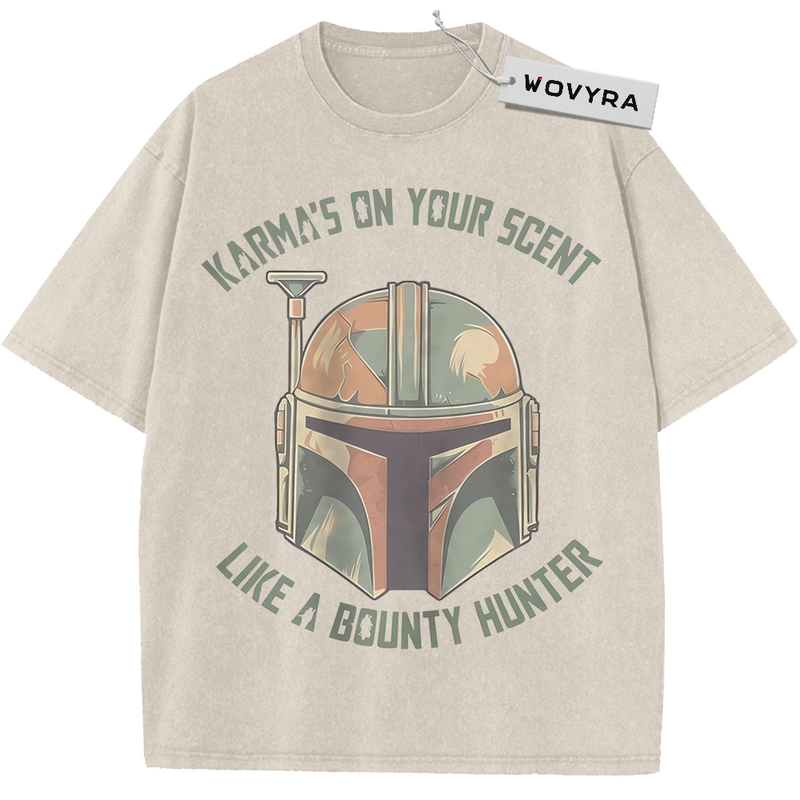 Vintage T-shirt featuring a weathered bounty hunter helmet surrounded by curved lettering