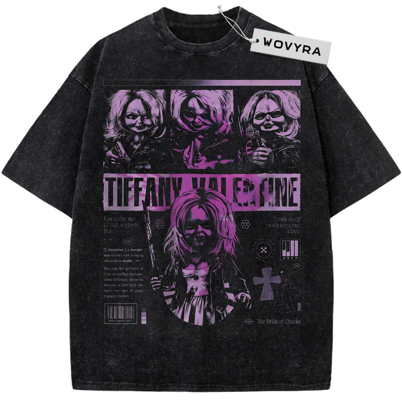 Vintage T-shirt featuring Tiffany Valentine portraits arranged in a purple poster-style collage