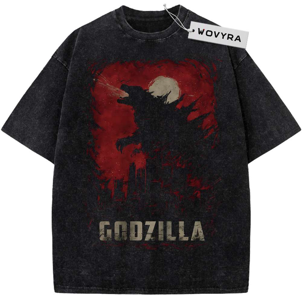 Kaiju Red Moon Silhouette Vintage T-Shirt with a dark monster silhouette against a red sky and pale moon