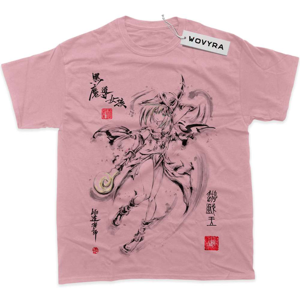 Pink WOVYRA Dark Magician Girl classic T-shirt with ink-style artwork and red stamp details